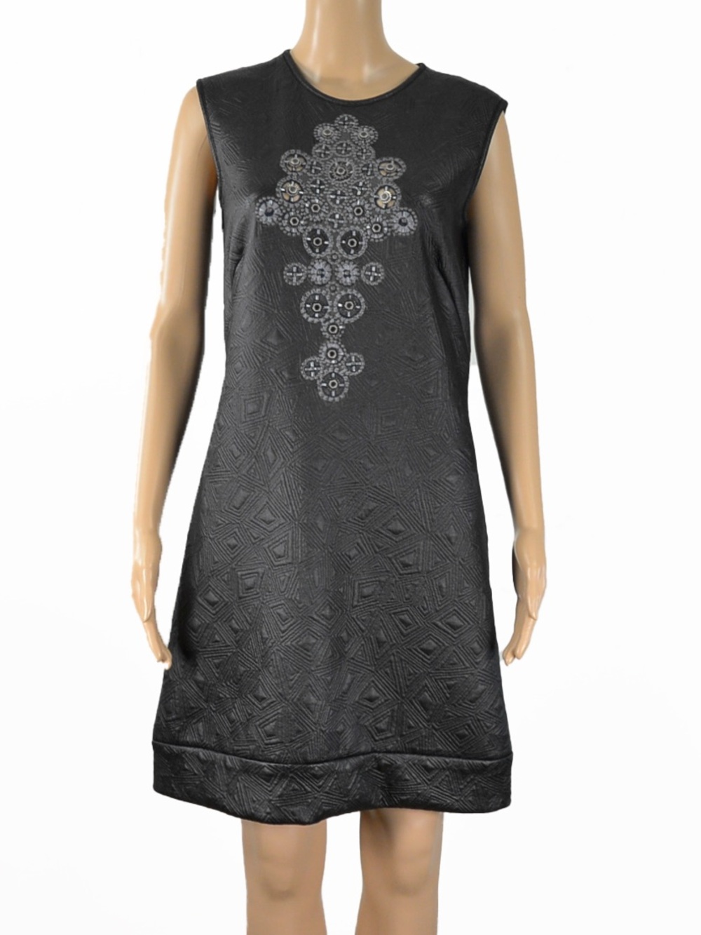 Tadashi Shoji Black Geometric Quilted Dress Silver Embroidery Cocktail